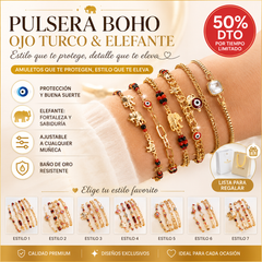 📿 ¡OFERTA POR TIEMPO LIMITADO CON UN 50% DE DESCUENTO! 🌀 Pulsera boho con amuletos y un elefante de la suerte: colgantes simbólicos, forma ajustable, baño de oro y 7 estilos ✨