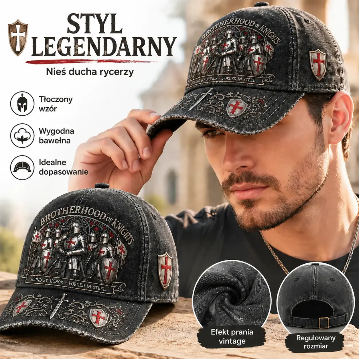 🛡️🧢 Czapka baseballowa Guardian Knight, regulowana, oddychająca i chroniąca przed słońcem.