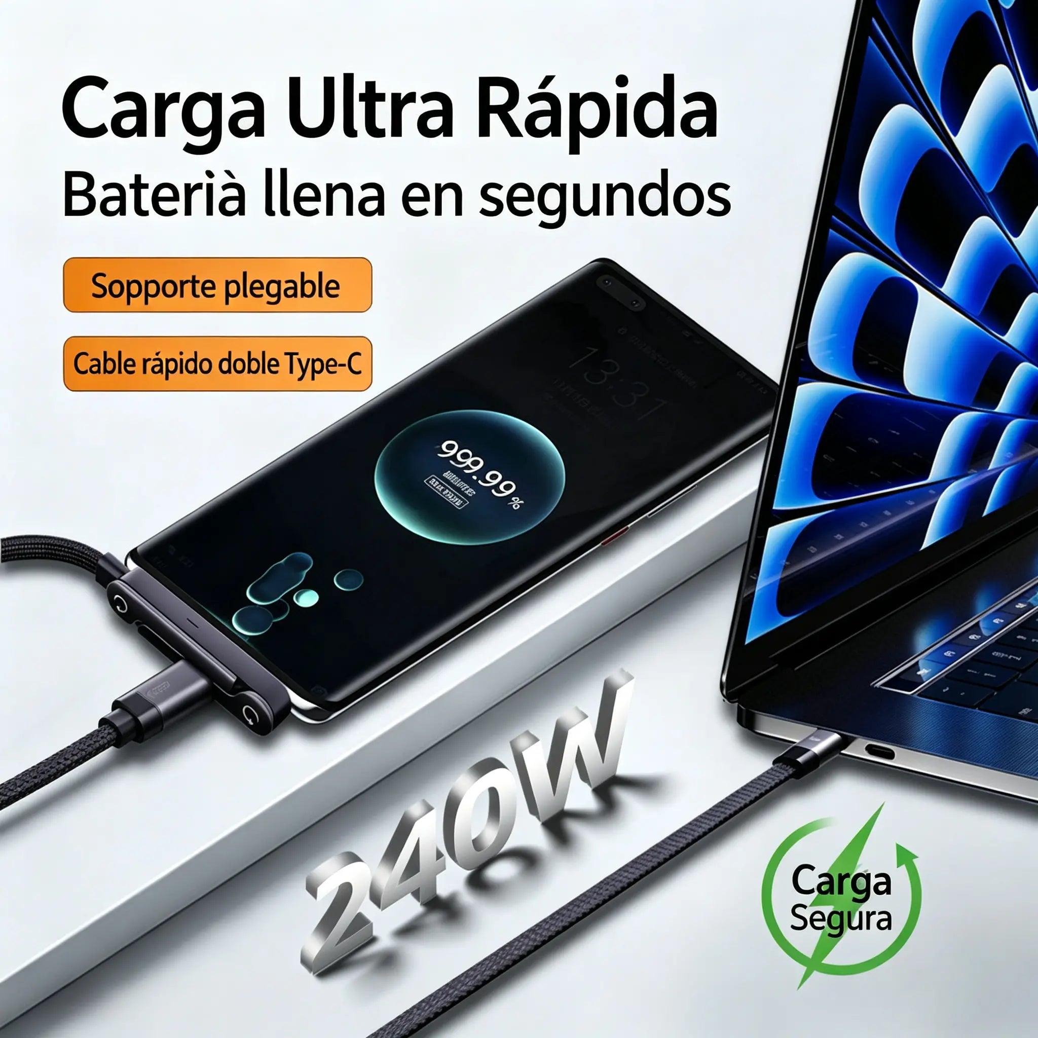 🔥【2 piezas 26 euros】⚡Cable de carga rápida 2 en 1 de 240 W y 1,5 m con soporte ajustable para teléfono🔋