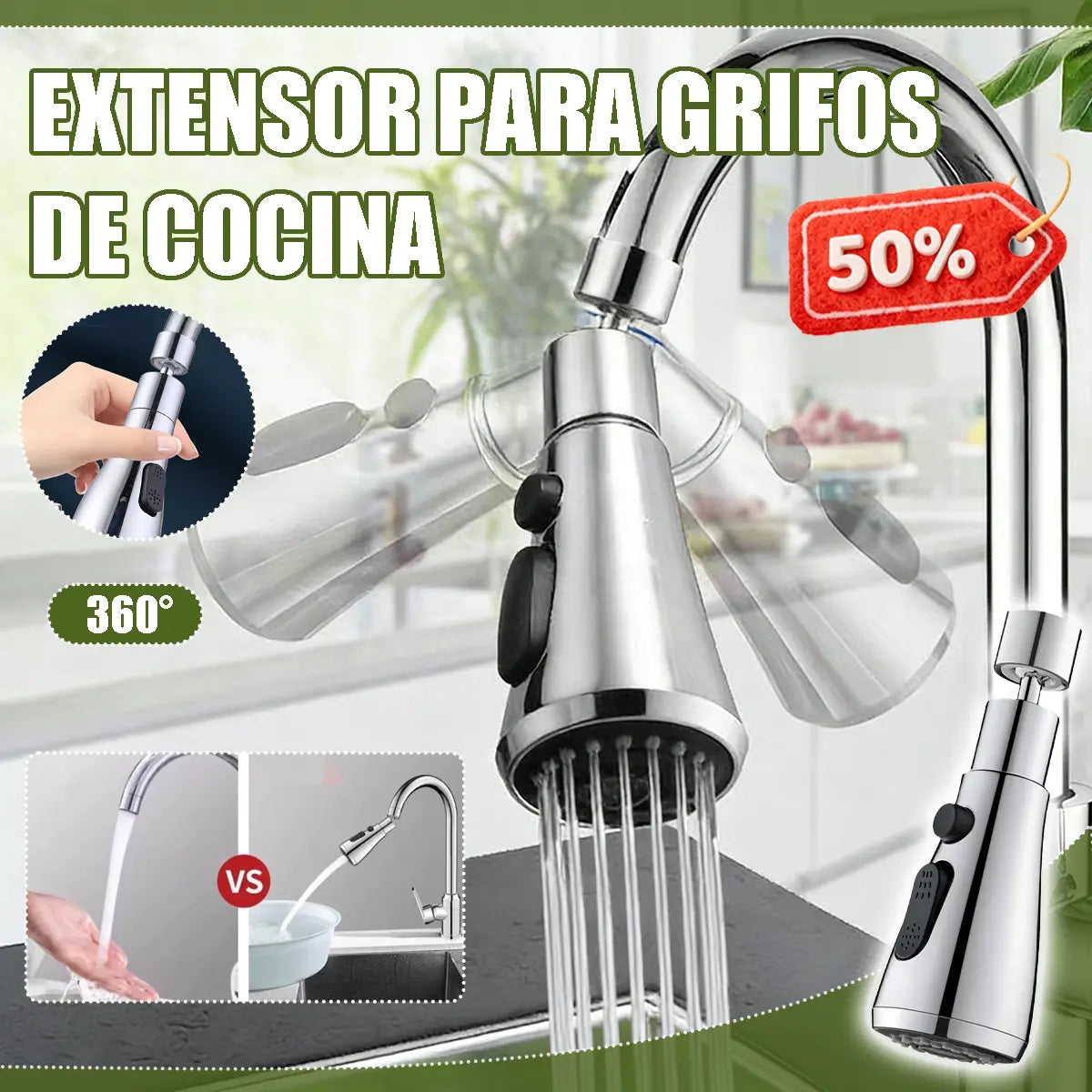 🚰🔥Boquilla extensora de grifo giratoria de 360°