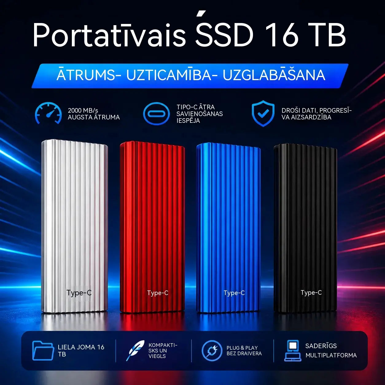 🏆Īpašs piedāvājums uz ierobežotu laiku⚡ 🔥Augstas ietilpības 16 TB kompakts pārnēsājams SSD disks ar USB Type-C pieslēgvietu