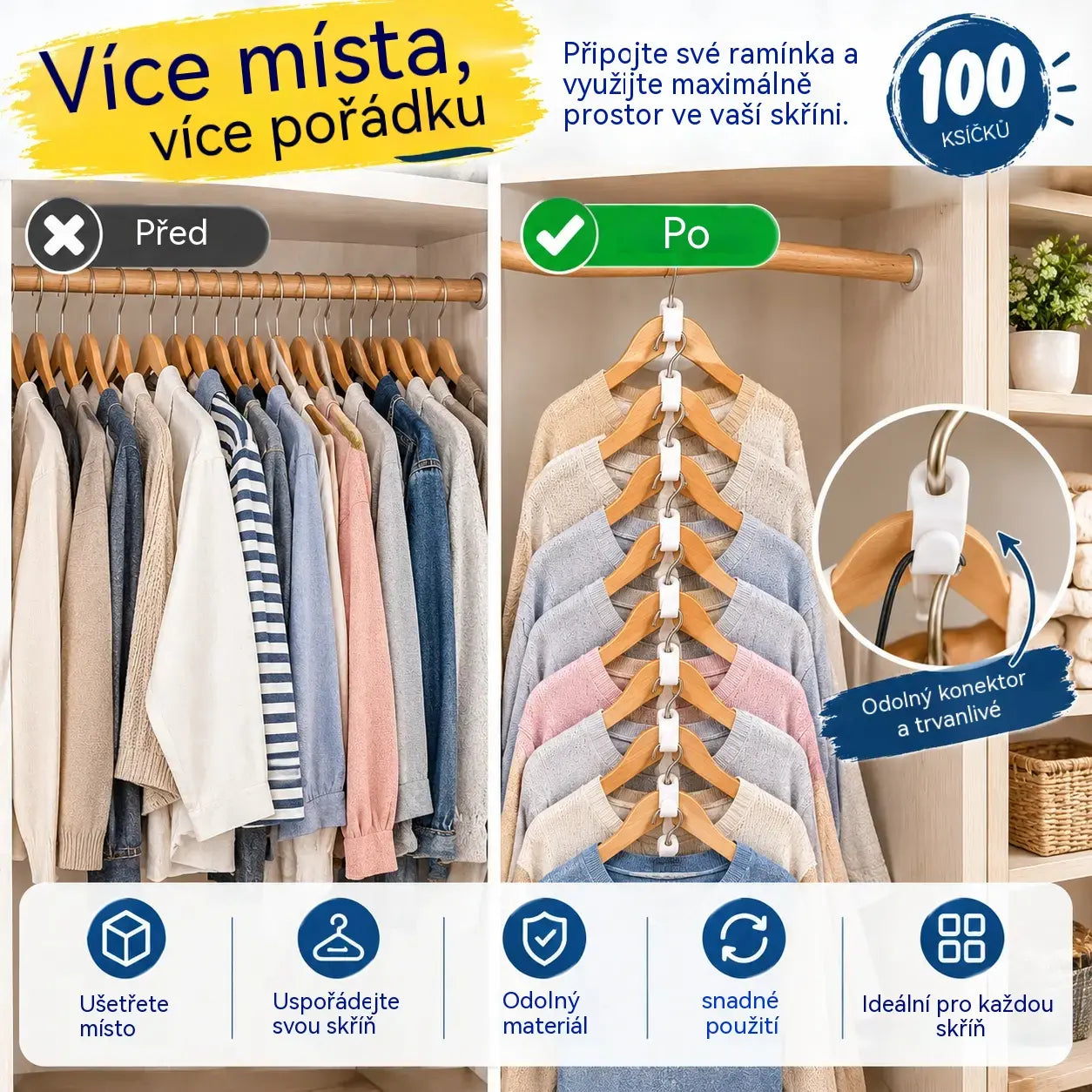 👕✨【Balení 100 kusů】Spojky na ramínka na oblečení šetří místo: Zdvojnásobí úložný prostor ve vaší skříni; jsou robustní a odolné.