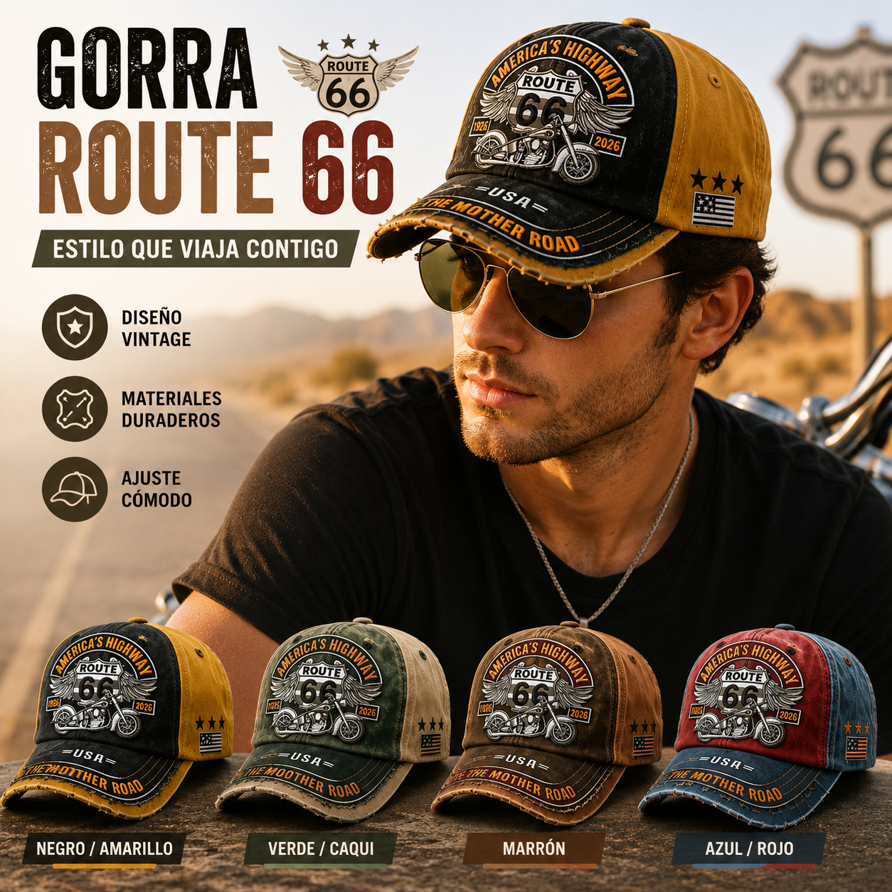 🧢🌟Gorra de béisbol retro ajustable de la Ruta 66, la elección perfecta para los entusiastas del ciclismo.
