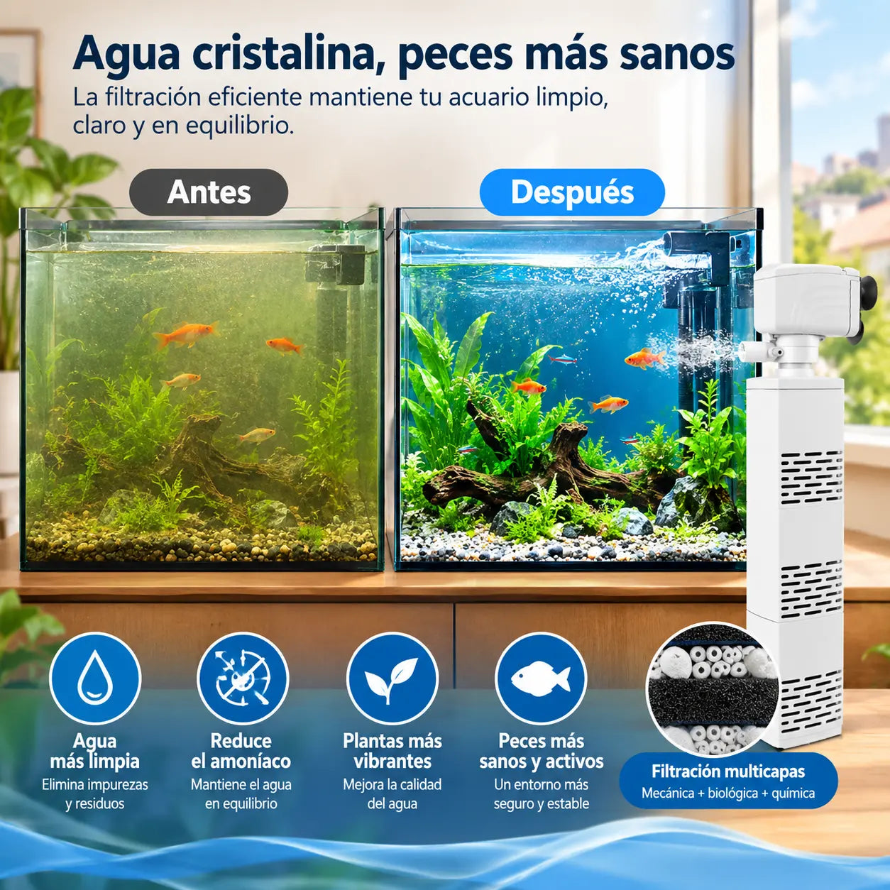【4W/6W/15W】💦Filtro de acuario 3 en 1: filtración, aireación, eliminación de residuos y bombeo de agua.🐟