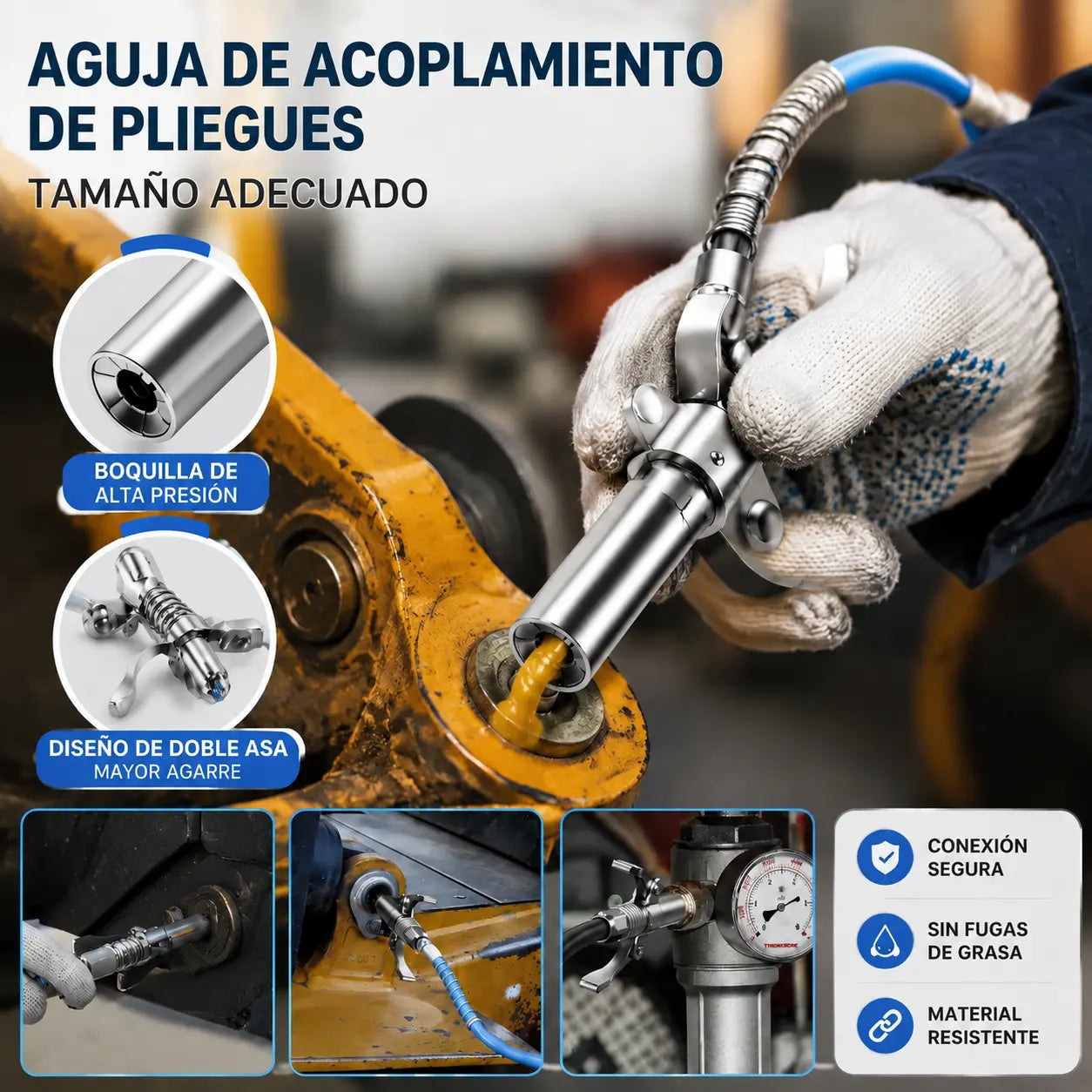 Inyector de grasa de alta presión con abrazadera autoblocante y boquilla de engrase de doble asa + manguera flexible de 30 cm