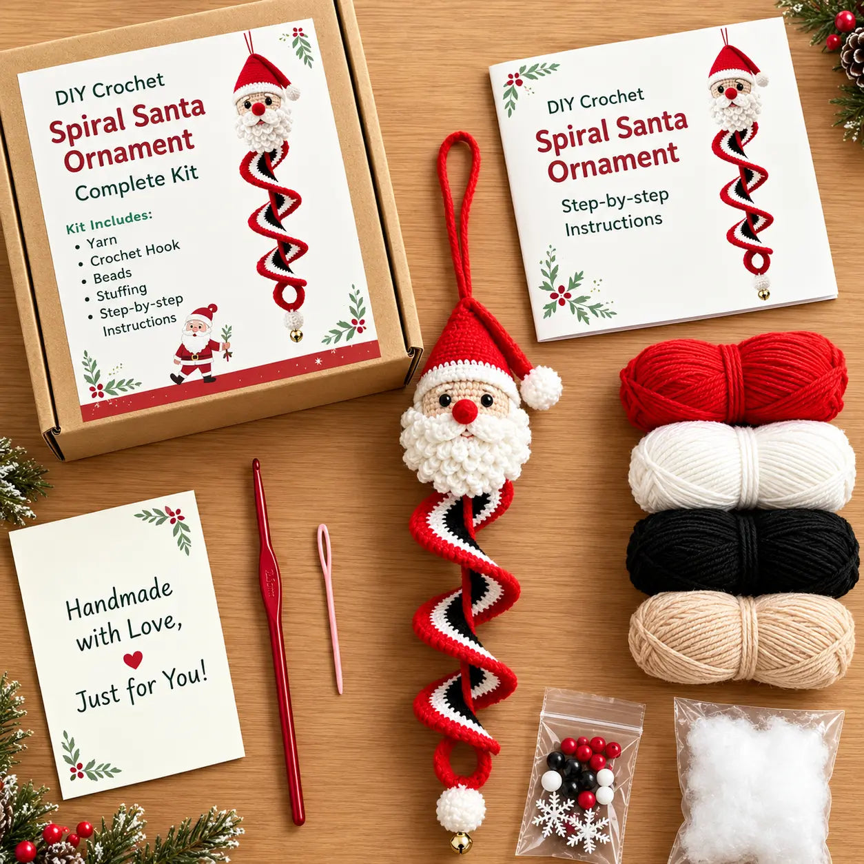 ⛄️🎄Kit para hacer un adorno de muñeco de nieve en espiral a crochet (incluye hilo suave, aguja de crochet, cuentas navideñas, decoraciones de copos de nieve e instrucciones paso a paso)