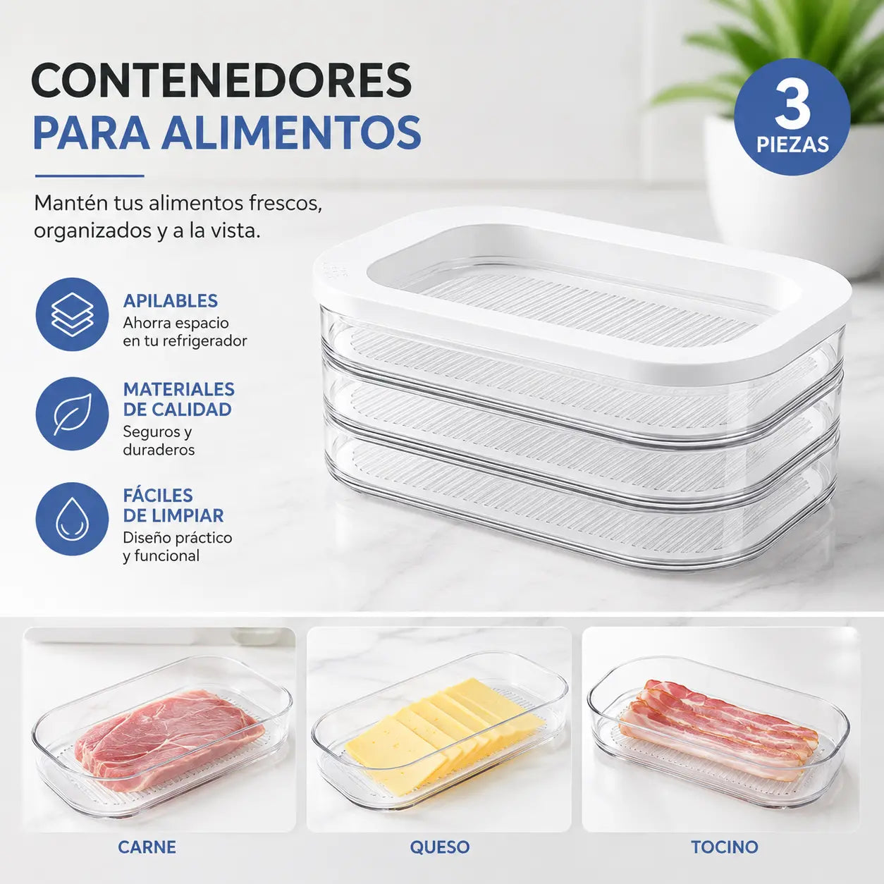 2 piezas 31 euro⏰Contenedores reutilizables de 3 capas para almacenar alimentos con tapa, transparentes, para el cajón de verduras del refrigerador.