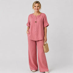 ✨【Top + Pantalones de pierna ancha】🌸【S-3XL】Conjunto de algodón y lino suave, ligero y de corte holgado, ideal para cualquier ocasión 👚