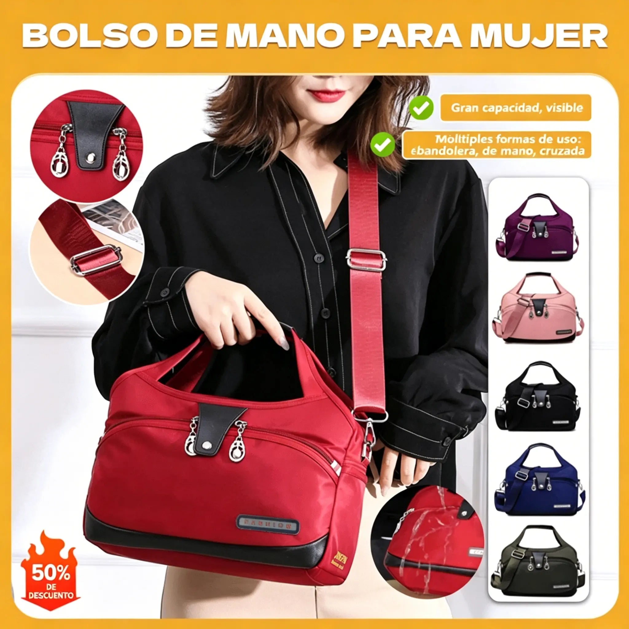 👜 Bolso casual de tela Oxford – 💧ligero, impermeable y con gran capacidad 📦 3 formas de llevarlo: ✋mano, 🦾hombro o 🎒bandolera. 🌟