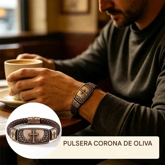 Pulsera de cuero trenzado para hombre con cruz y corona de olivo, metal antiguo vintage, regalo especial