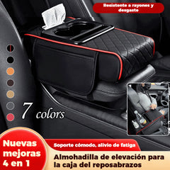 🚗Almohadilla universal 4 en 1 para reposabrazos de coche de cuero ✅ Caja de pañuelos incorporada ✅ Portavasos