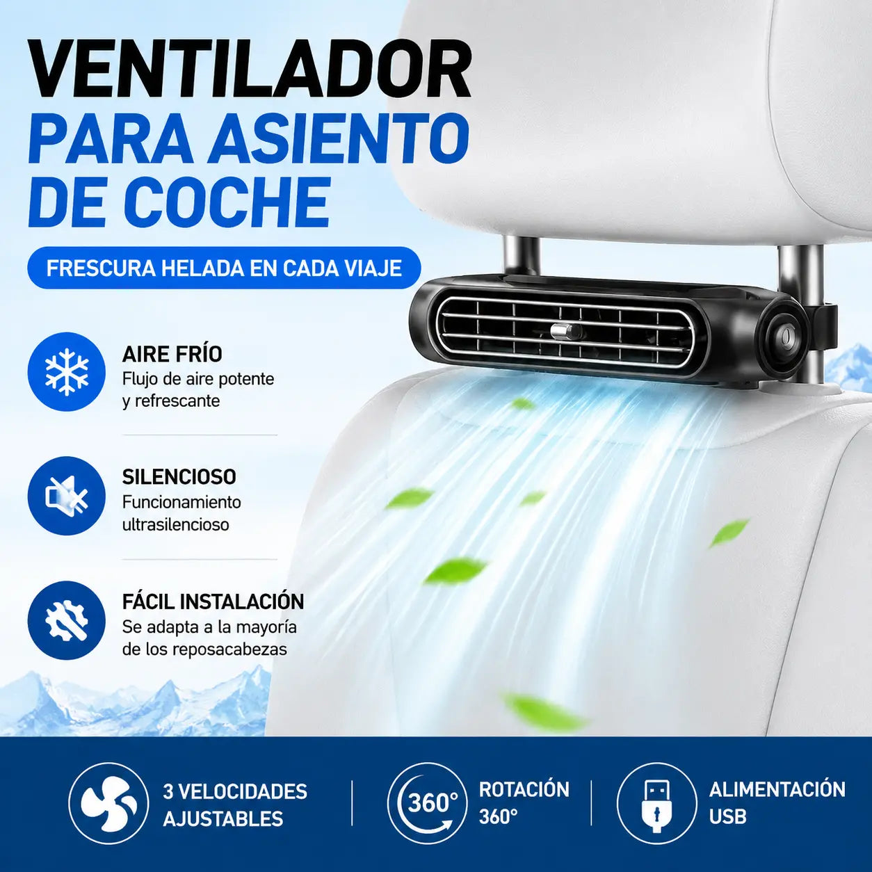 🌬️🚗 Ventilador universal potente para el asiento trasero del coche, con carga USB.