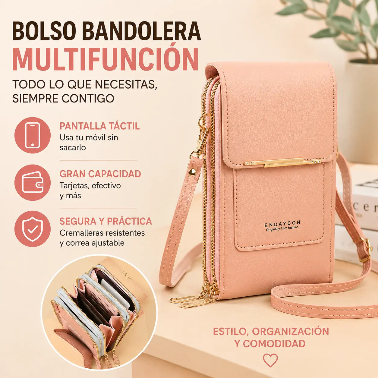 📢 ¡50% de descuento! 👜 Bolso bandolera pequeño de piel auténtica para mujer, compatible con dispositivos con pantalla táctil.