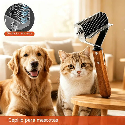 Cepillo profesional para eliminar el pelo muerto de perros y gatos, peine doble de acero inoxidable para desenredar el pelaje y eliminar la capa interna, mango de madera, reduce la caída del pelo.