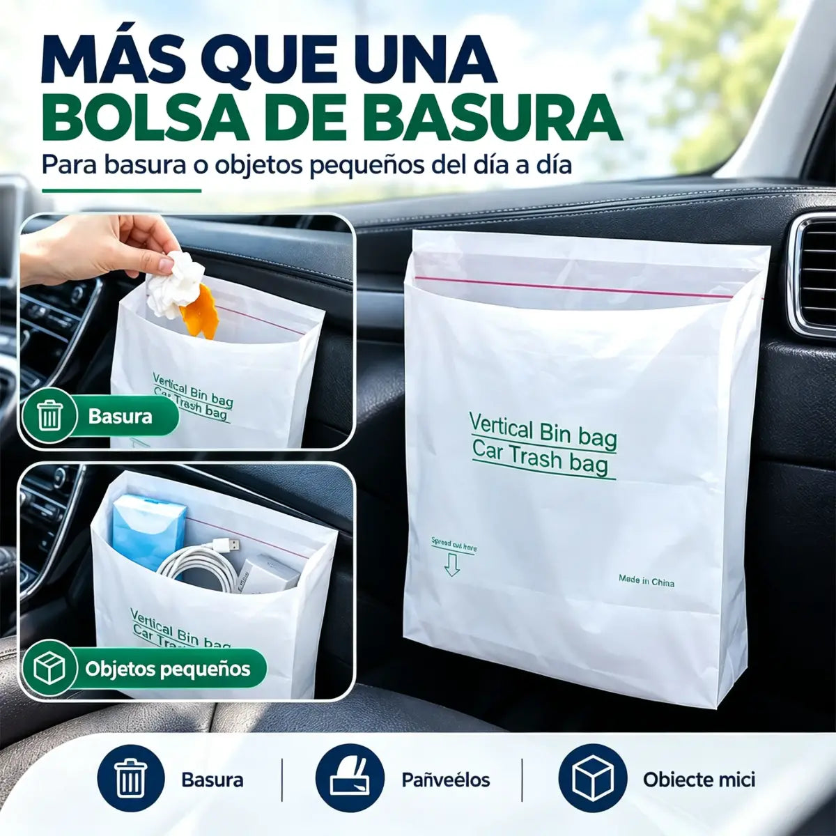 🚗🗑️ Set de 100 Bolsas de Basura Autoestables con Cinta Adhesiva | Impermeables, sin Fugas | para Coche, Hogar y Oficina ✨