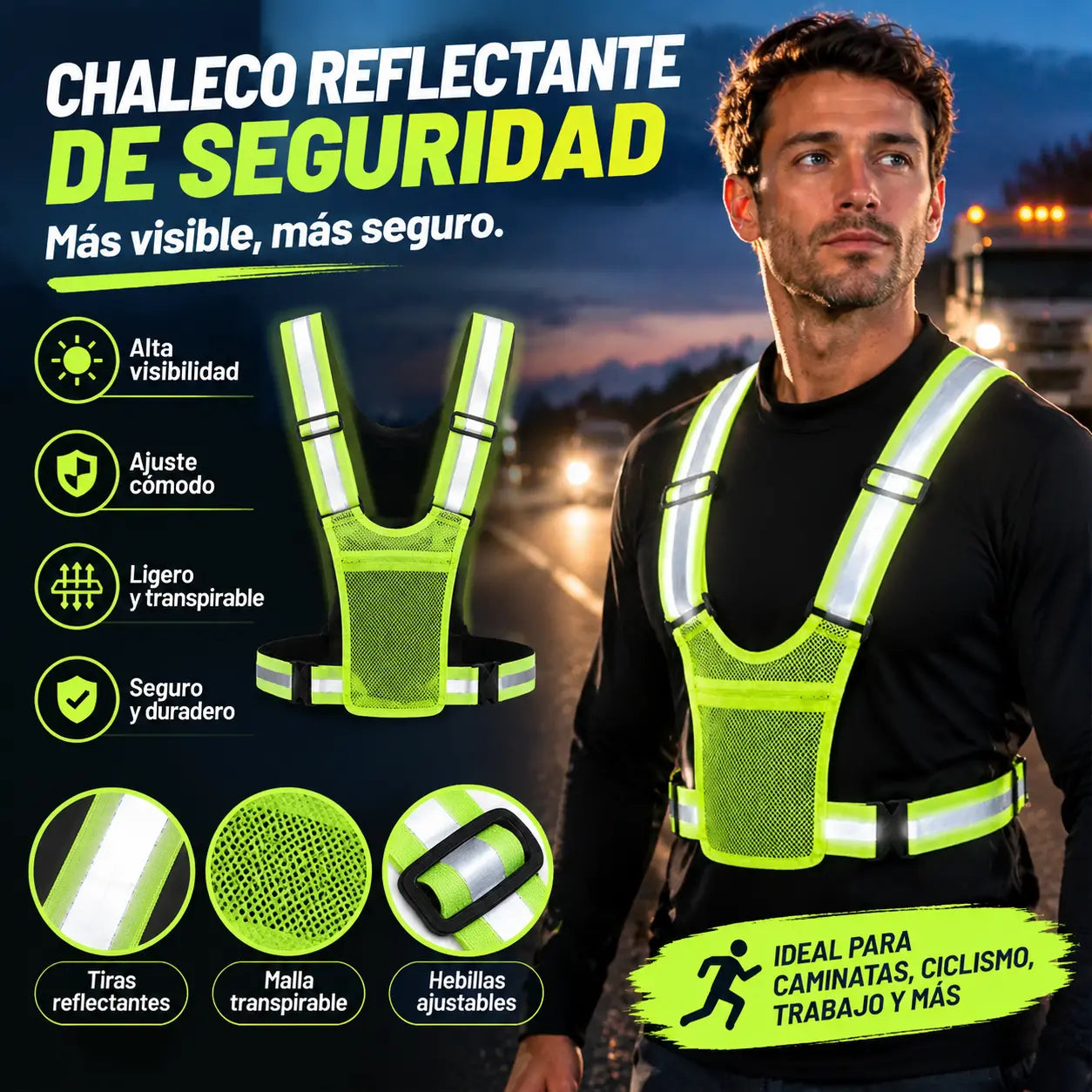 【🔥2 piezas】Chaleco reflectante de alta visibilidad, ajustable, con bolsillos, equipamiento seguro para correr.
