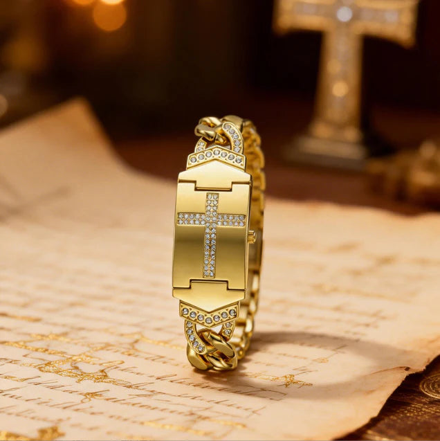 🙏⌚Reloj con cruz de cristal brillante: esfera rectangular geométrica, correa de metal de primera calidad.