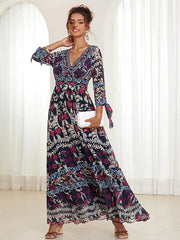 💟【S-5XL】👗Vestido largo con cuello en V y volantes florales para mujer, novedad de verano 2024, estilo bohemio para vacaciones