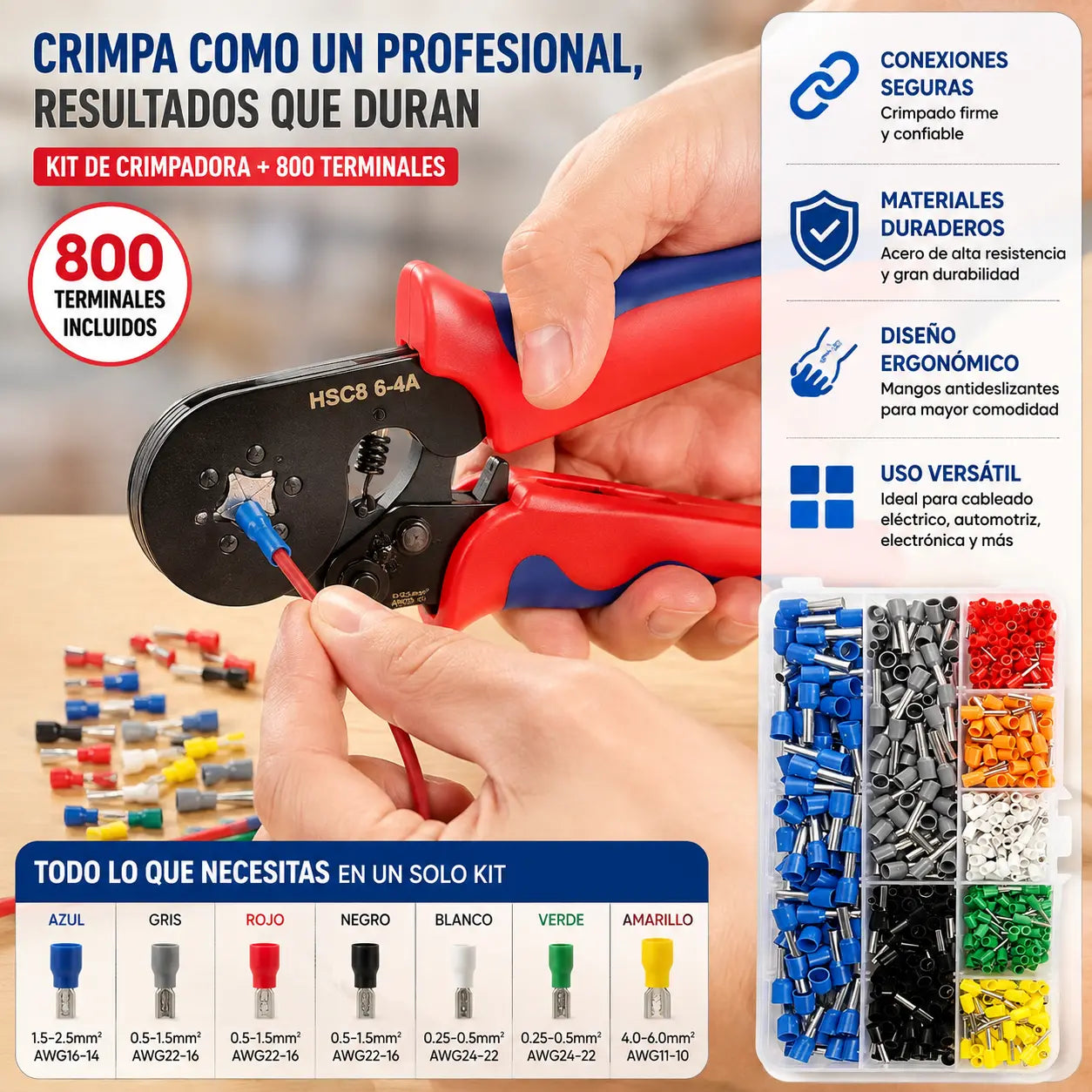 🛠️Kit Completo Crimpadora + 800 Terminales de Varios Tamaños, Ideal Electricidad y Automoción⚙️