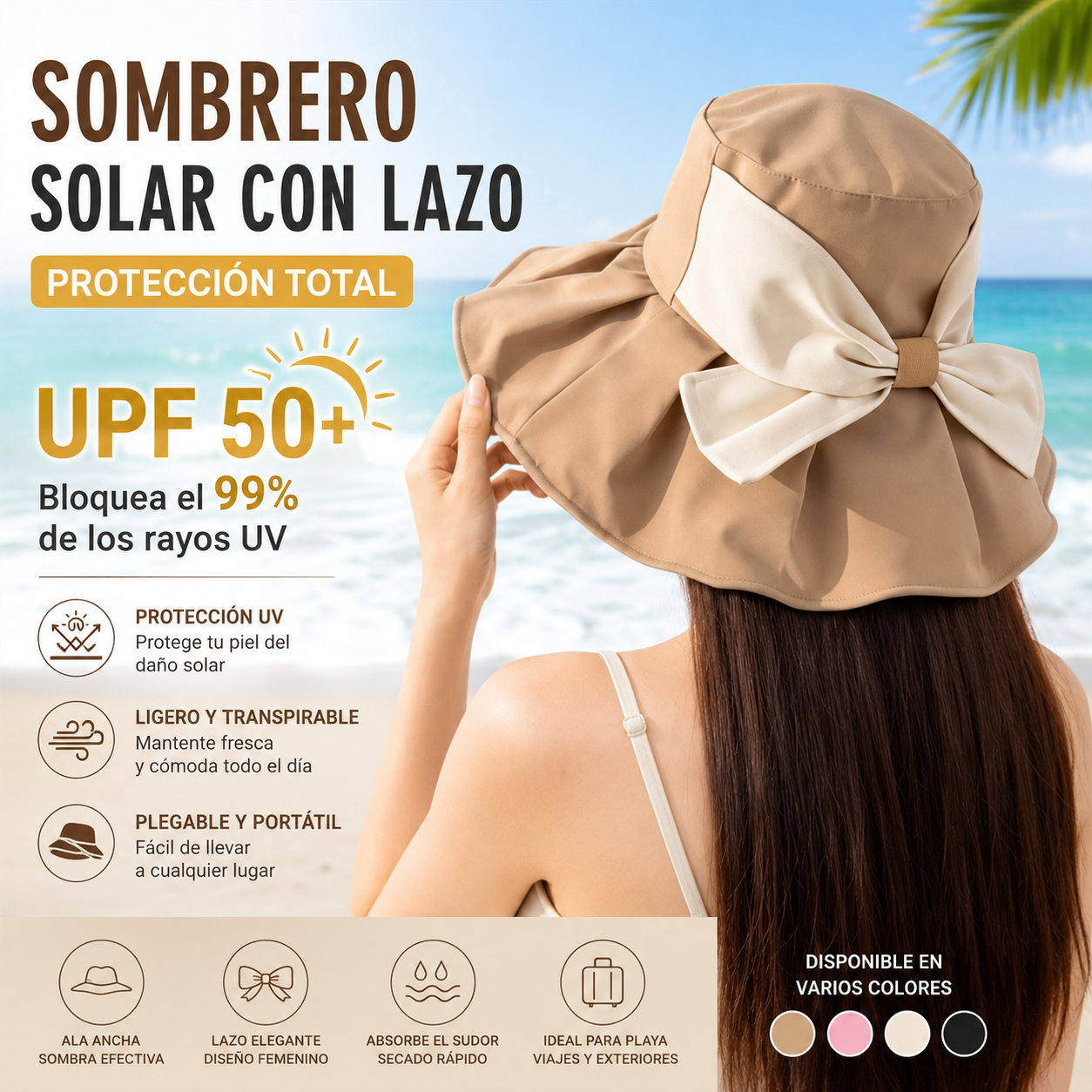 🎀☀️Sombrero de sol de ala ancha con lazo
