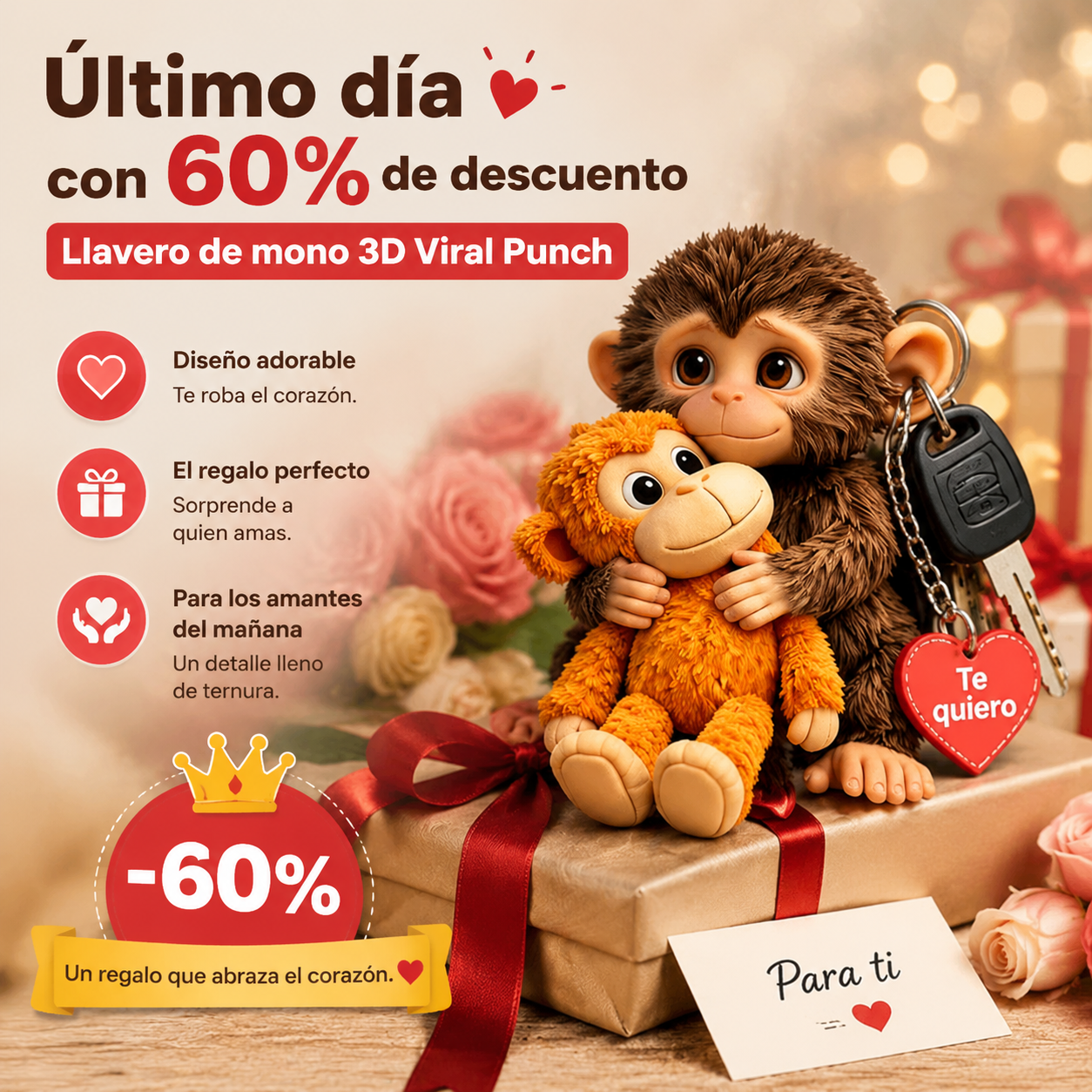 🏆🐵 Llavero de mono 3D Viral Punch 💕🎁Un regalo conmovedor para amantes de los animales, familiares, amigos y seres queridos.