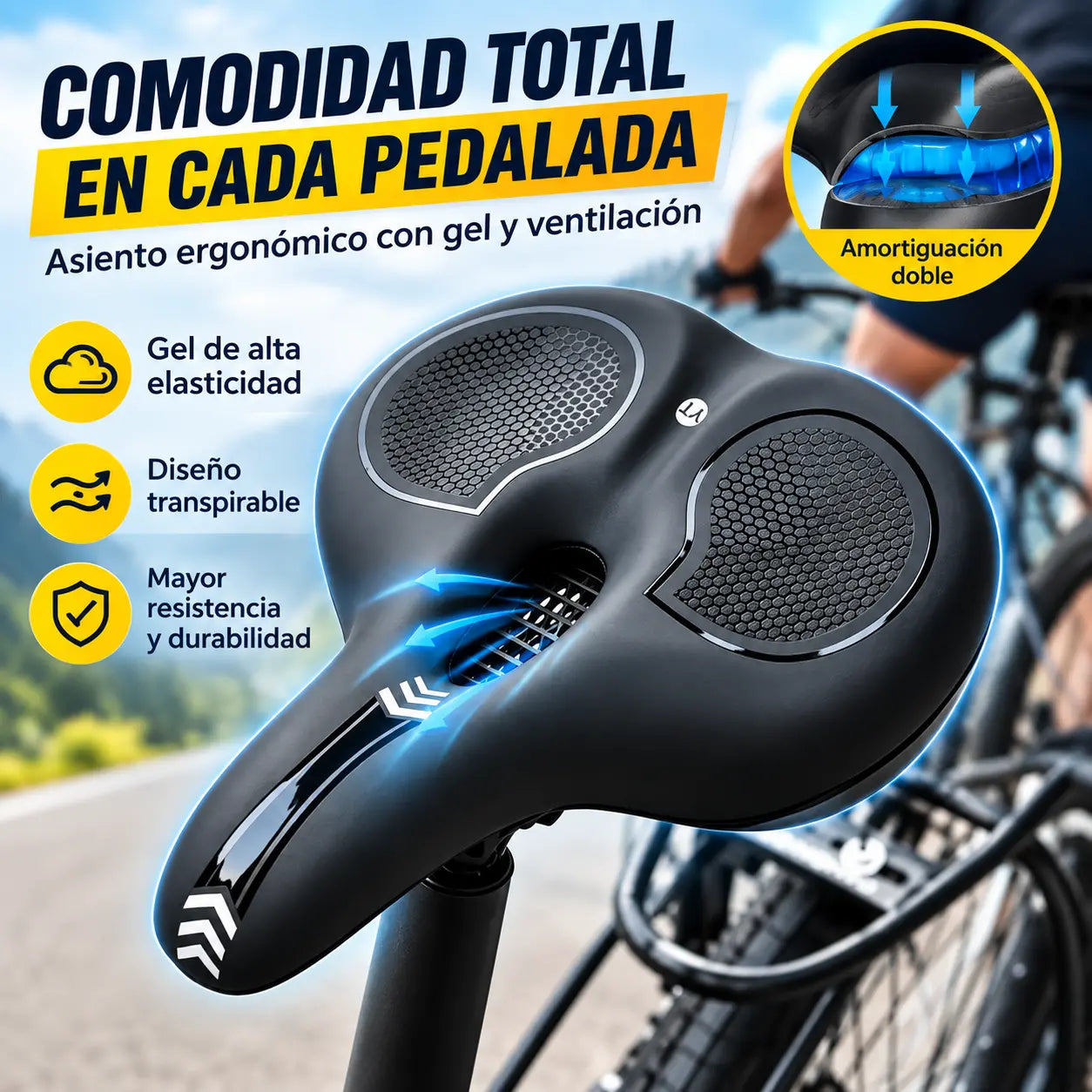 🚲Sillín de bicicleta de silicona engrosada: relleno de espuma de alta densidad 🧽, alivia el dolor 💆‍♂️, proporciona absorción de impactos 🔨, adecuado para bicicletas de montaña 🚵‍♂️ y bicicletas de carretera 🚴‍♀️