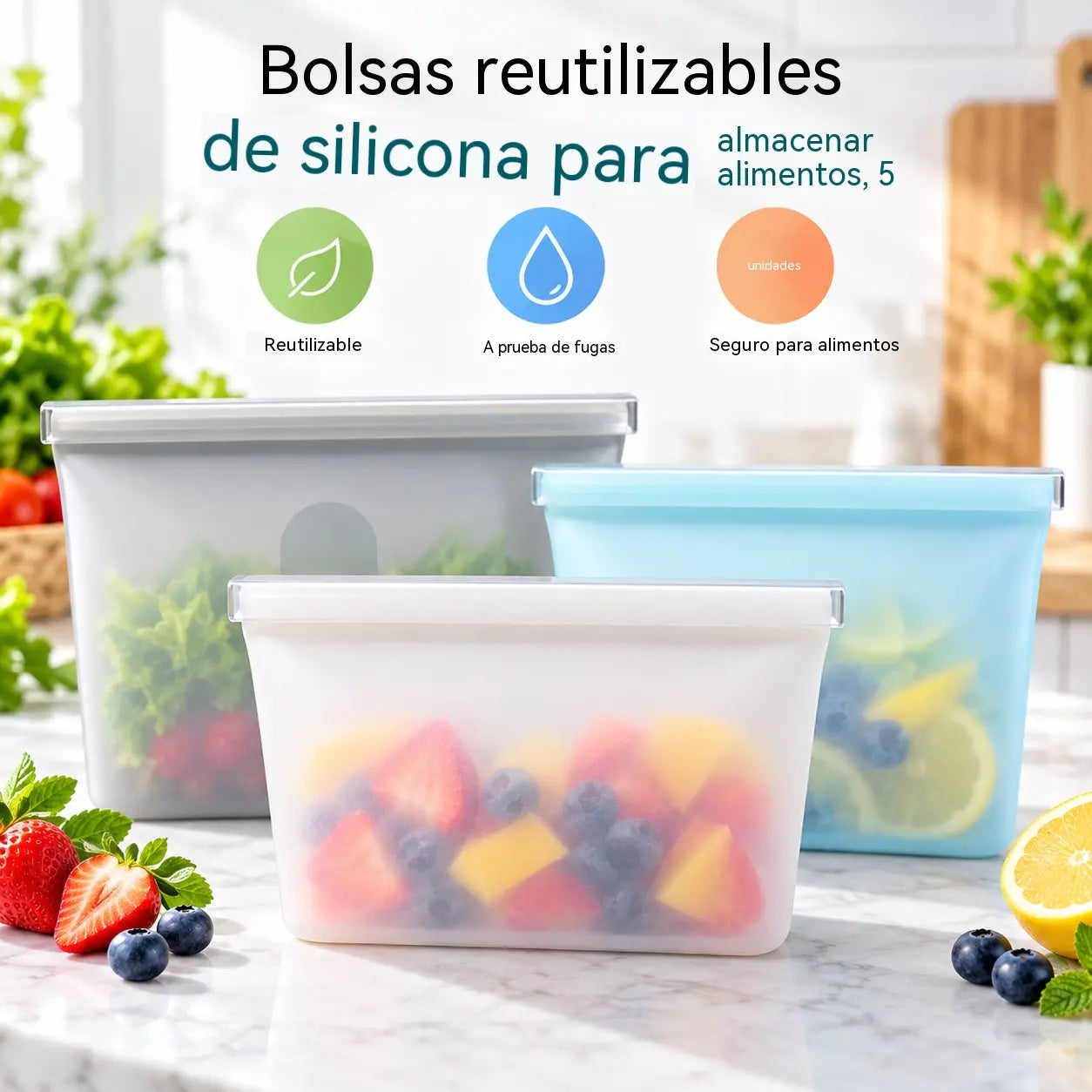 ✨【1000 ml + 2000 ml, set de 2 piezas】Bolsas de almacenamiento de silicona reutilizables con cierre