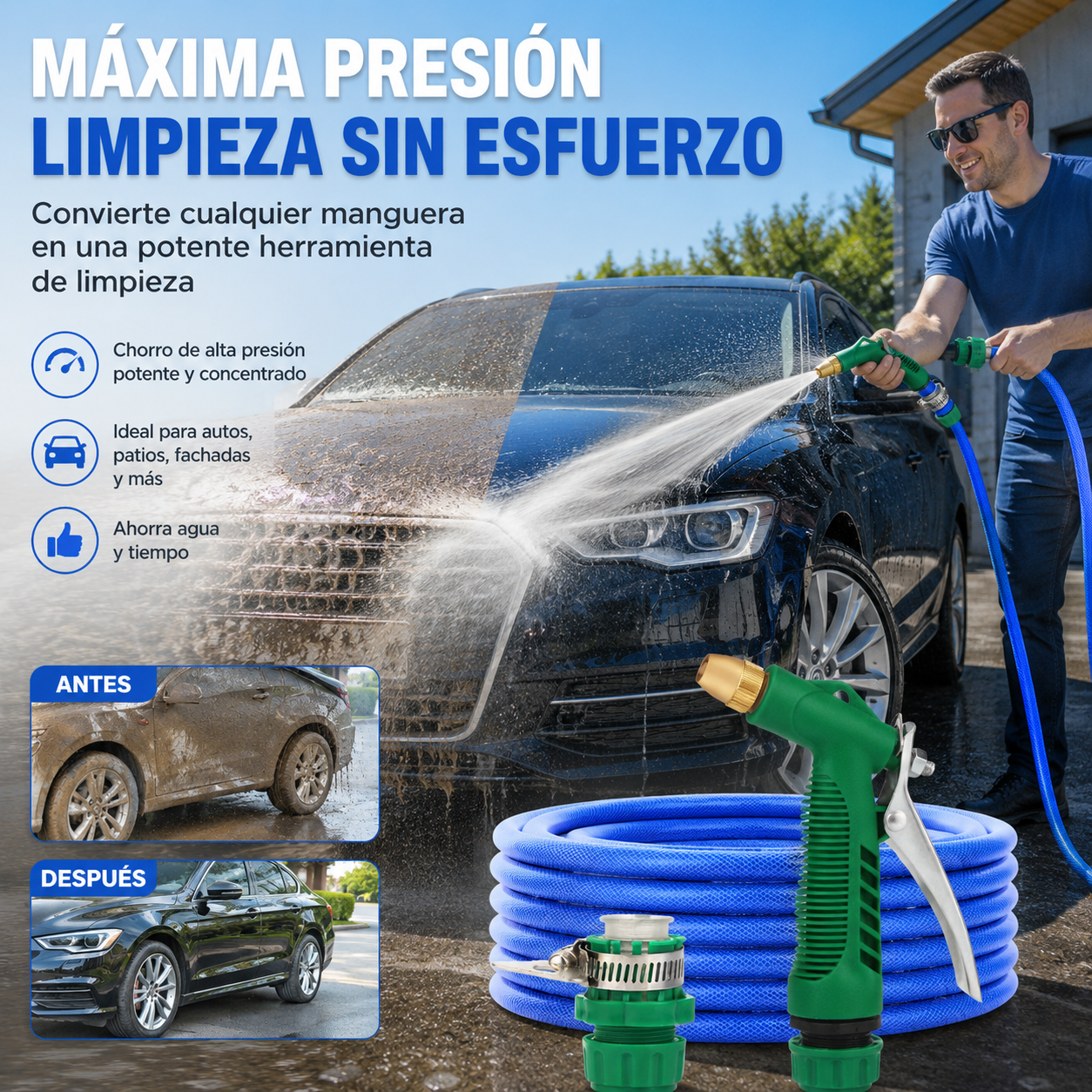 🚿【Compra un juego y llévate otro gratis, juego de 4 piezas】💧 Pistola de agua a alta presión: para lavar coches, jardinería, 10 veces más presión, múltiples modos ⚡