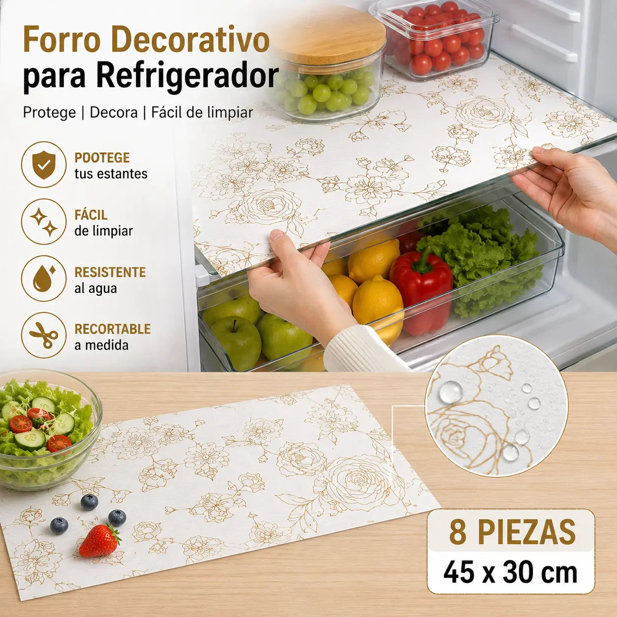 8 piezas🧊🛡️ Protectores impermeables para estantes de refrigerador — Antideslizantes, fáciles de limpiar y aptos para contacto con alimentos — Mantén los estantes ordenados y frescos ✨