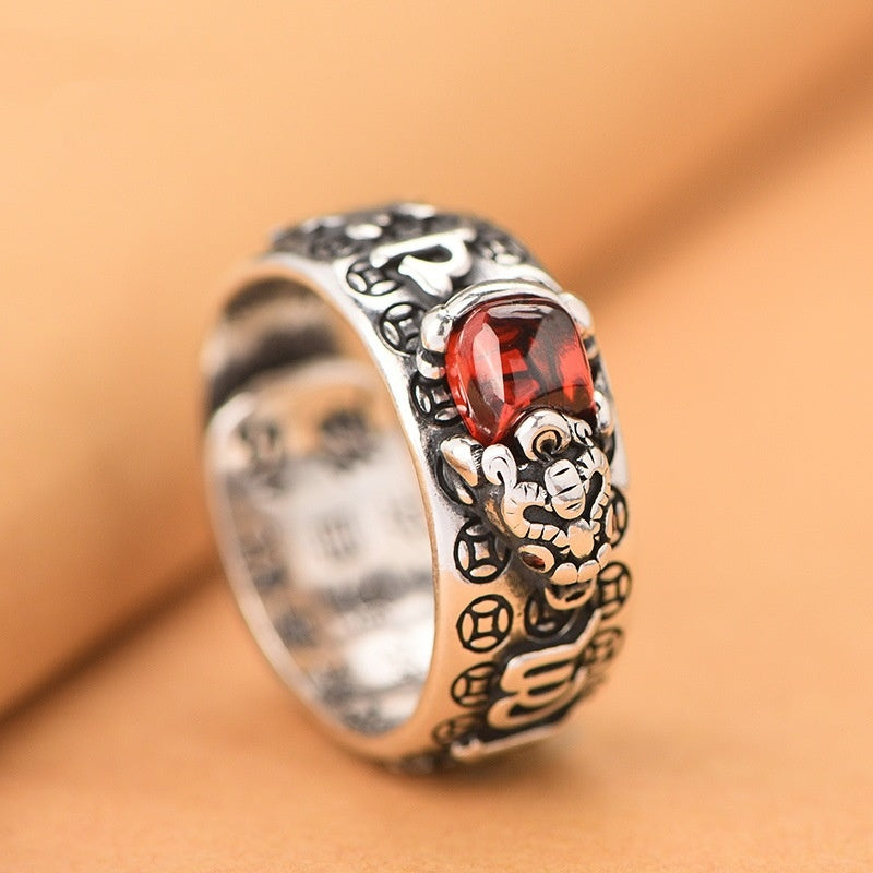 🔥Compre 1 y obtenga 1 gratis（2 piezas）💖Anillo de plata 999, estilo retro unisex con amuleto de la suerte Pixiu, fuerte y de moda.