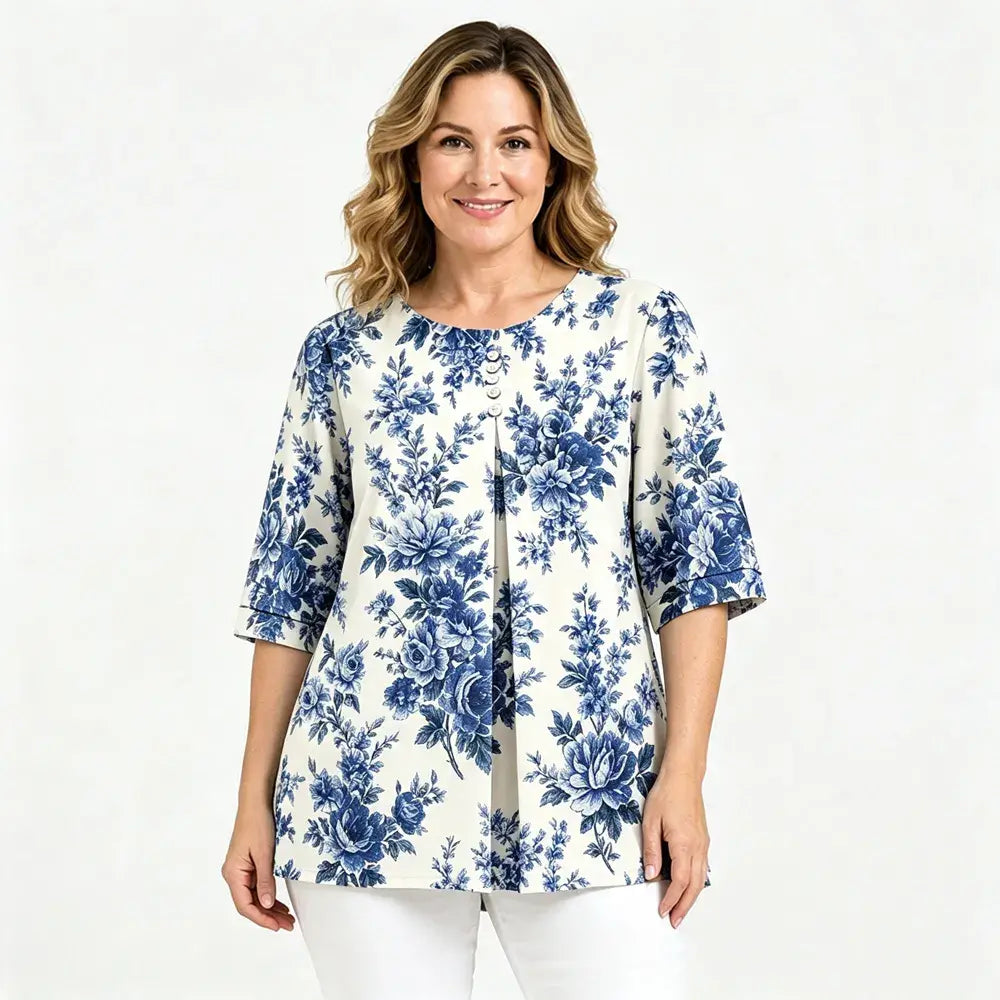 🔥【Oferta por tiempo limitado】【M-5XL】✨Blusa holgada de mujer de manga 3/4 con estampado, cuello redondo, estilo casual y elegante