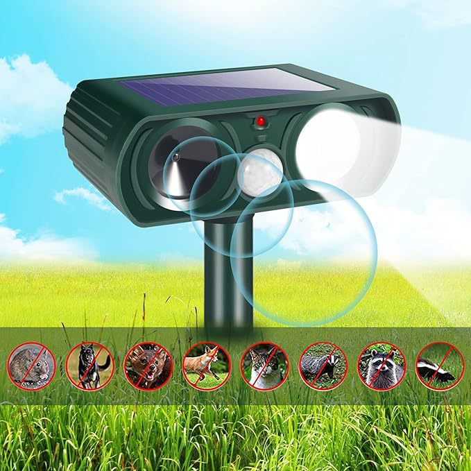 🔥🔥 [50% de descuento por tiempo limitado] Alarma ultrasónica solar — Ideal para uso en exteriores — Repele eficazmente animales, roedores y aves.