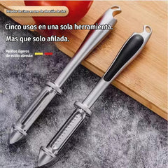 ✨【Compra 1 y llévate 1 gratis】✨🍴 Pelador de acero inoxidable multifuncional 5 en 1｜Pelar / Rallar / Abrir botellas / Quitar ojos de papa【2 unidades a 24 euros】