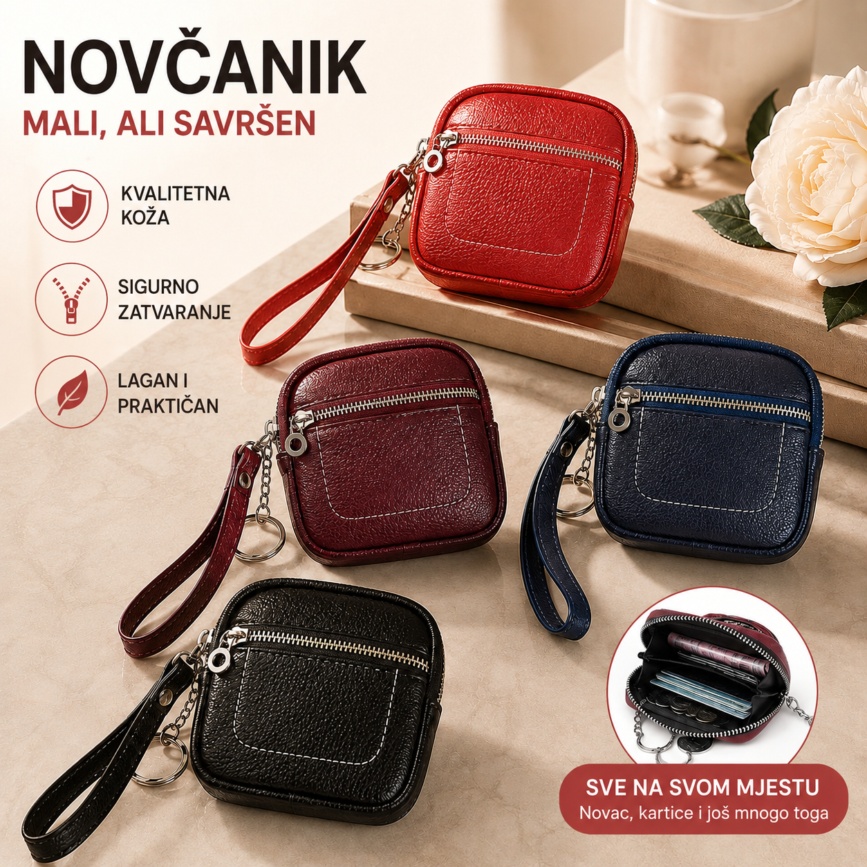 🌟 Mini četvrtasti držač za kartice s patentnim zatvaračem od prave kože