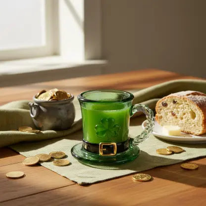 🔥☕Taza de cristal con gorro de duendecillo y trébol de la suerte - Taza de café verde esmeralda