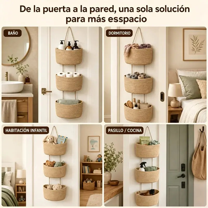 🌿 Cesta de almacenamiento colgante de pared de algodón tejido a mano, con 3 niveles desmontables – Organizador boho para hogar, baño y dormitorio
