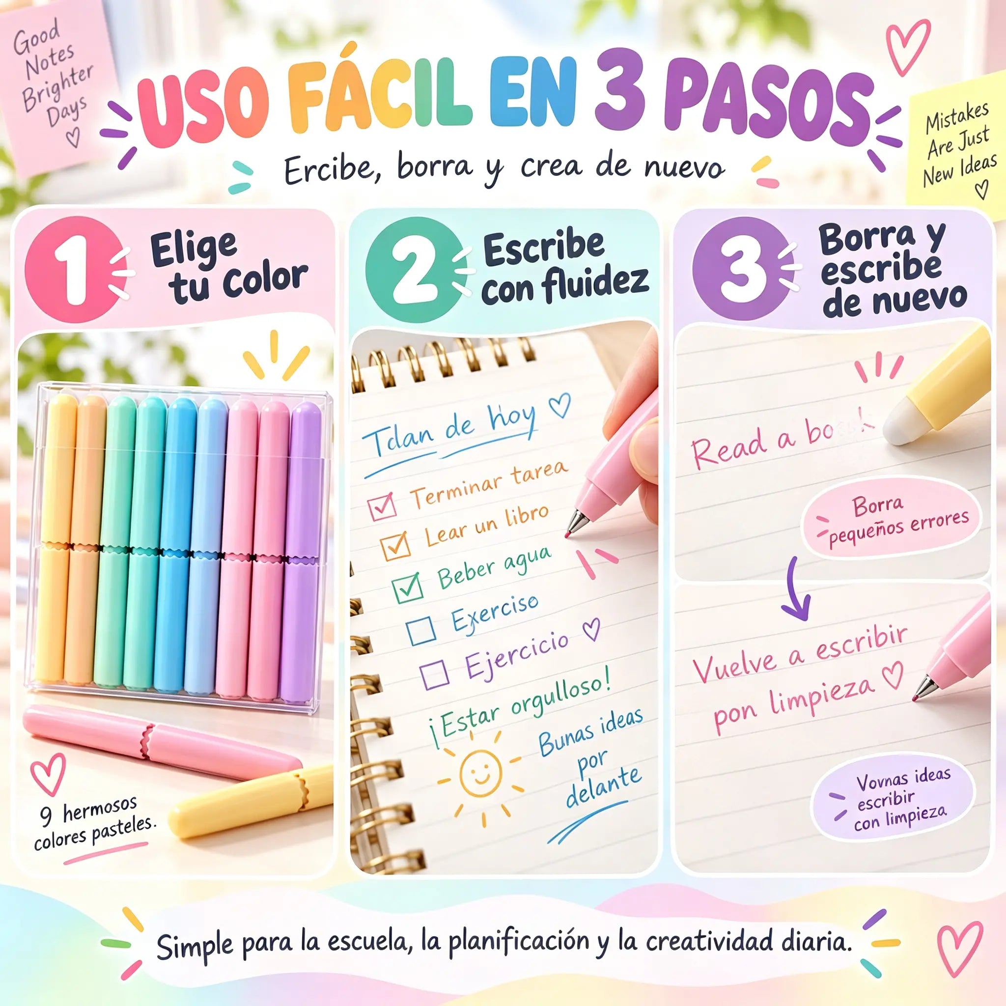 🖊️✨ Set de 9 Bolígrafos de Gel Borrables | Colores Surtidos para Dibujo, Notas y Scrapbooking 🎨