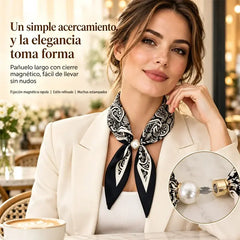 🧣【Juego de 4 piezas】✨ Pañuelo de Seda con Perlas y Cierre Magnético para Mujer | Elegante, Sin Nudos | Varios Estampados 🎀