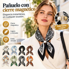 🧣【Juego de 4 piezas】✨ Pañuelo de Seda con Perlas y Cierre Magnético para Mujer | Elegante, Sin Nudos | Varios Estampados 🎀