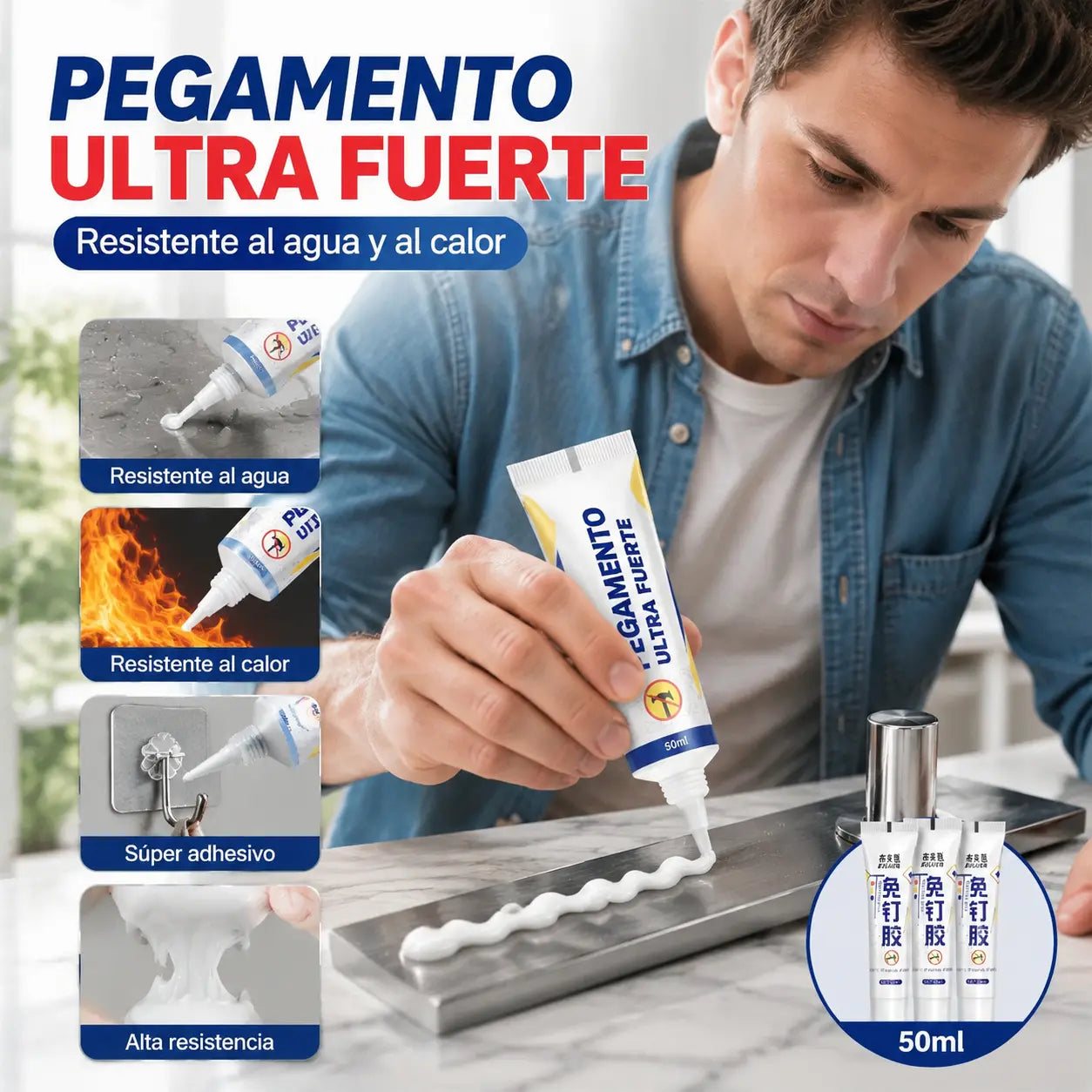 🔥 [4 tubos, 200 ml] ✨ Adhesivo multiusos práctico y sin taladros: resistente al agua y no requiere perforaciones; apto para superficies de metal, plástico, azulejo, cerámica, vidrio y madera.