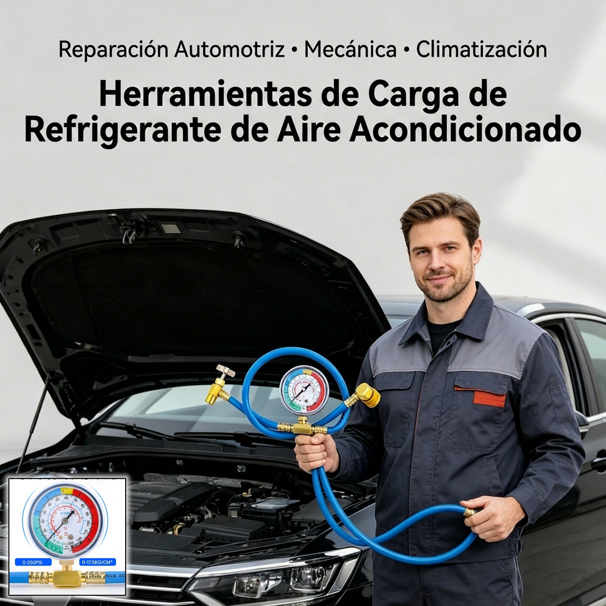 ❄🚗Manguera de recarga de refrigerante AC R134a con manómetro