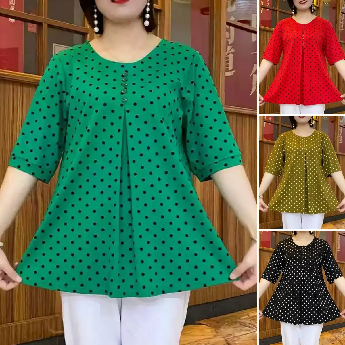 ❤️Camisa de manga corta con estampado de lunares de nuevo estilo✅Cubre la barriga y te hace lucir delgada✅Tela cómoda que no se decolora