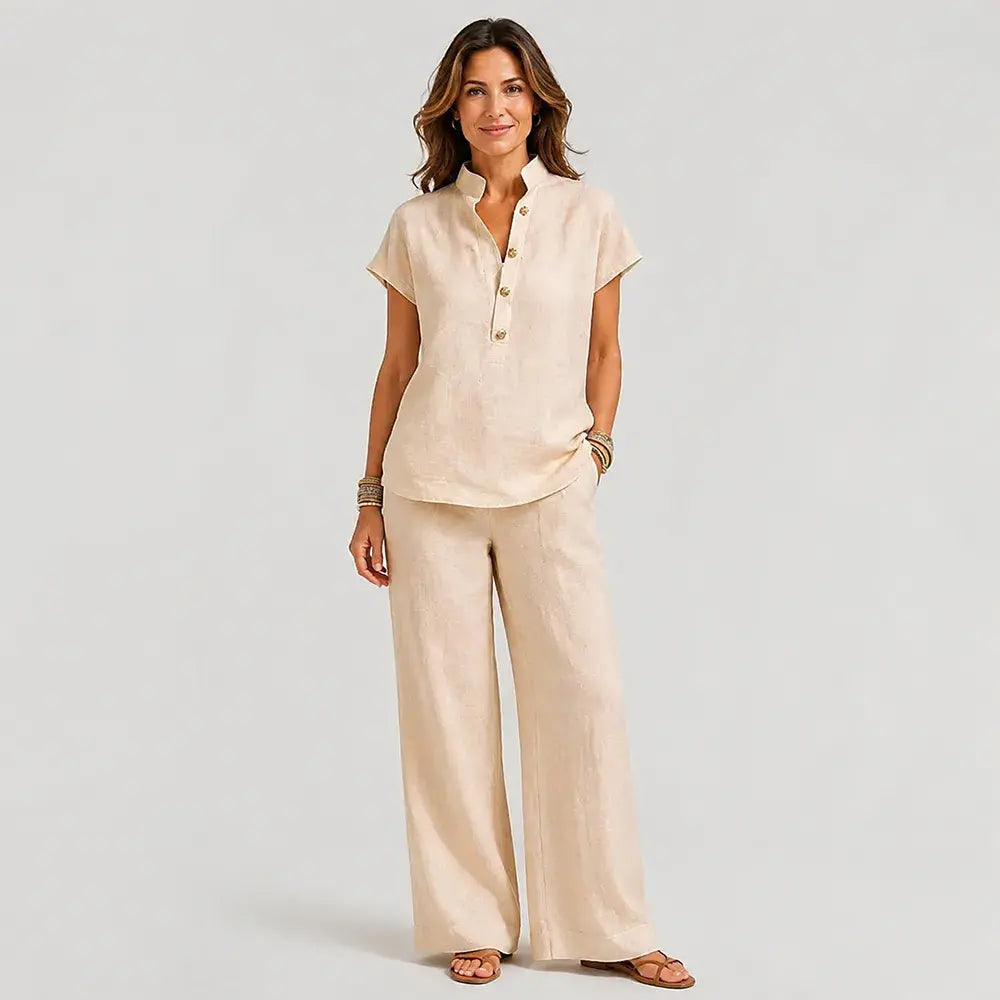 🔥【S-3XL】✨Conjunto de mujer de lino y algodón – blusa de manga corta y pantalón de pierna ancha, estilo casual y elegante de verano