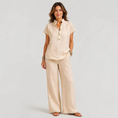 🔥【S-3XL】✨Conjunto de mujer de lino y algodón – blusa de manga corta y pantalón de pierna ancha, estilo casual y elegante de verano