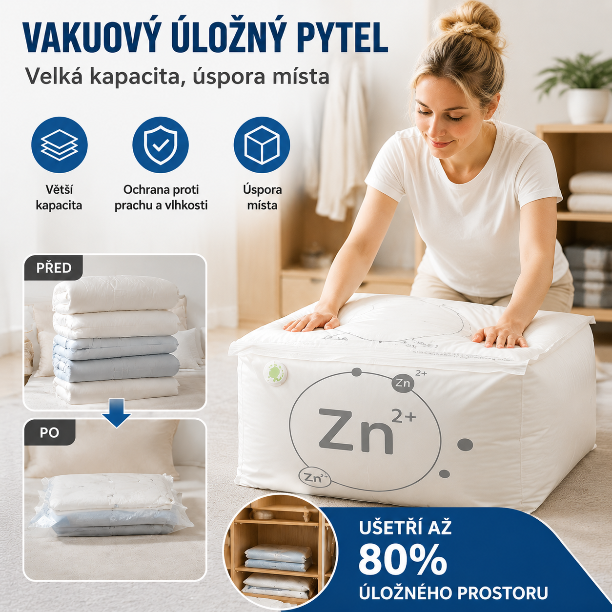 🧳【Sada 5 kusů】💨 Velký, stlačitelný vakuový úložný sáček: není potřeba pumpička, nepropustný a ideální pro úsporu místa v kufrech i doma ✈️