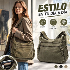 👜✨Bolso bandolera de lona desgastada de gran capacidad: diseño con múltiples compartimentos con cremallera y correa ancha ajustable para el hombro.