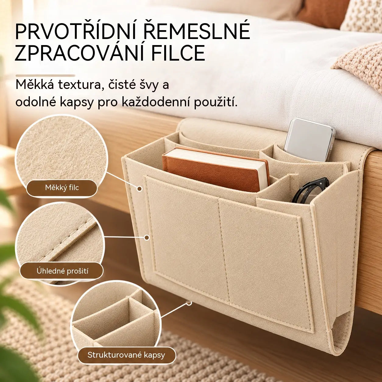 🔥 Sleva 50 %! 🛏️✨ Závěsný organizér k posteli: mějte vše potřebné po ruce.