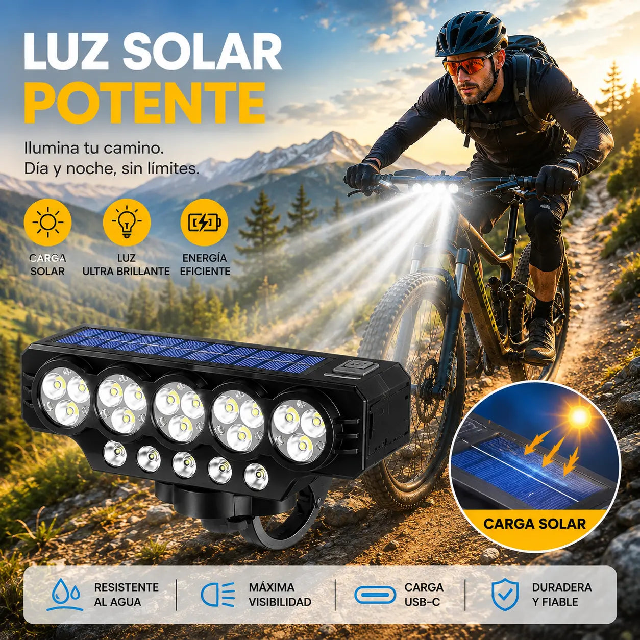 🚲💡Faro solar para bicicleta con carga USB y altavoz, 900 lúmenes, luz nocturna de larga duración para ciclismo