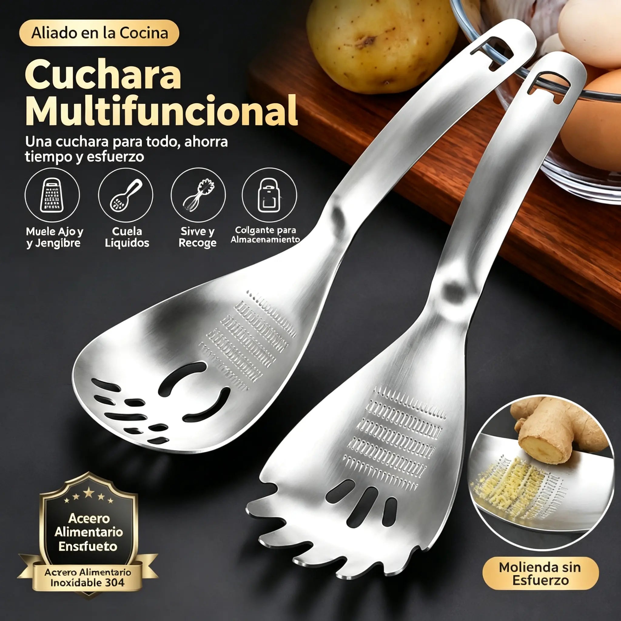 🔄🍲 ¡Oferta por tiempo limitado! 50% de descuento – Cuchara multiusos 🌿 colador y separador, 🧂 función de molido, 🍾 abridor – ¡todo en 1!