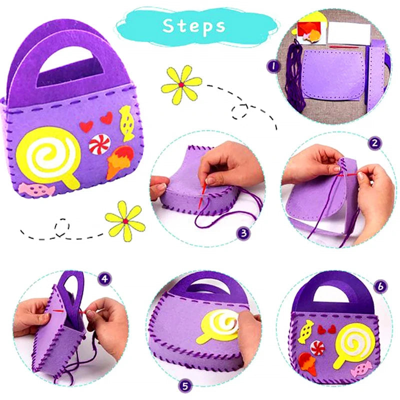 🎁【4 PCS】Primer kit de costura para niños Kit de costura de fieltro DIY Juguetes educativos para el jardín de infancia Kit de costura para niños con imperdibles y correas para bolsas Kit de costura de fieltro para niños, niñas, regalo